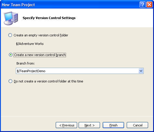 figure 2-6 creating a new version control branch at project creation