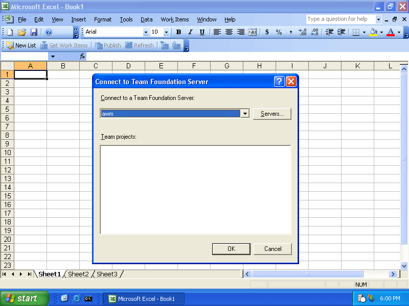 figure 3-2 connecting to a team foundation server from excel