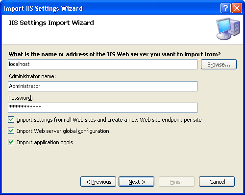 figure 5-3 importing settings from an iis web server