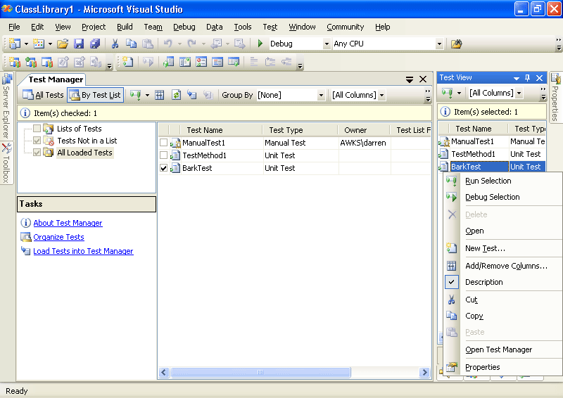 figure 6-18 the unit test manager and test view windows