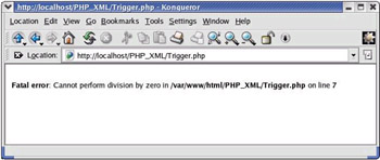 click to expand: this figure shows the error triggered by the trigger_error() function. the message, cannot perform division by zero, is displayed on the web page.