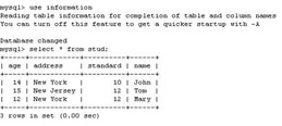 click to expand: this figure shows the output of the stud table stored in the information database. the stud table contains student information, such as age, address, standard, and name, which is imported from the datastudent.xml file.