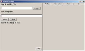 click to expand: this figure shows the file search utility window with two text boxes, search for file(s) in and containing text, in the left pane, and an empty space in the right pane.