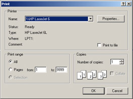 click to expand: this figure shows the print dialog box, which displays three panels: printer, print range, and copies.