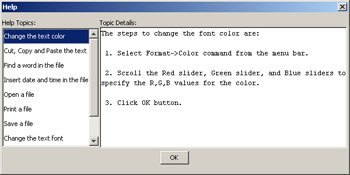 click to expand: this figure shows the help dialog box, which contains a help topics list box and a topic details text area.