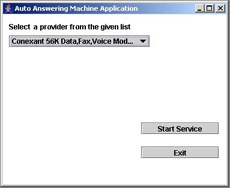 click to expand: this figure shows the user interface of the auto answering machine application that contains a combo box to select the connection provider and the start service and exit buttons.