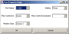 click to expand: this figure shows the user interface of the fax property page window. this user interface contains the port name, dialing, flow control in, flow control command, and modem class drop-down list boxes.
