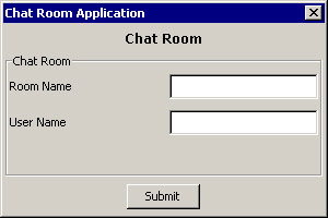 this figure shows the chat room window that allows end users to specify the chat room name and the user name to join a chat room.
