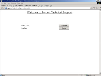 click to expand: this figure shows the home page of the instant technical support application, which contains the click here and sign up buttons.