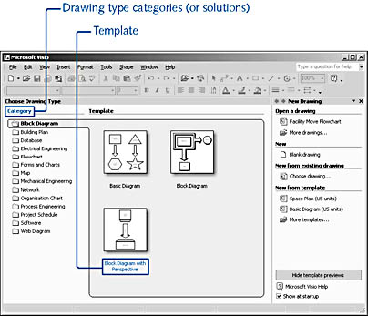 figure 1-3. when you start visio, you can preview sample diagrams for each template within a category.