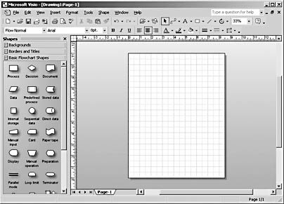 figure 1-4. if you start a new diagram based on the basic flowchart (us units) template, visio opens a letter-sized drawing page with three stencils.