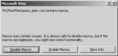 figure 1-20. if you open a visio drawing file that includes a built-in macro, as many visio drawings and templates do, this message appears.