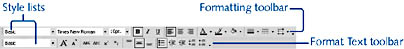figure 4-18. both the formatting and format text toolbars contain shortcuts for formatting text. the formatting toolbar has the advantage of including the font formatting buttons, but the format text toolbar includes shortcuts for changing margins and creating bulleted lists.