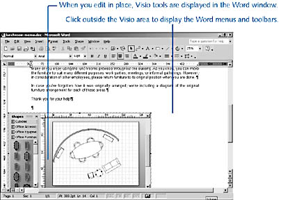 figure 7-4.  when you edit a visio diagram in place, you can use the visio tools to create a diagram within your application window.