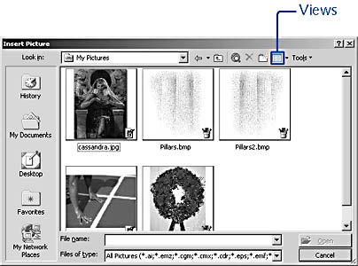 figure 7-9.  the view thumbnails option makes it easier to find the picture you want but slower to scroll through many picture files.