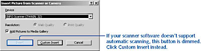figure 7-11.  if a scanner or digital camera is installed on your computer, or if you have access to these devices over a network, you can bring pictures directly into visio by choosing insert, picture, from scanner or camera.
