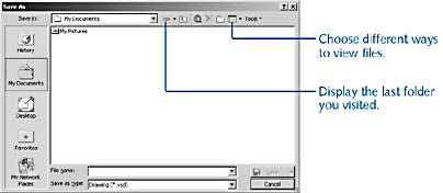 figure 8-1. you can save files in different locations and formats in the save as dialog box. place the pointer over the buttons in the save as dialog box to display a screentip.