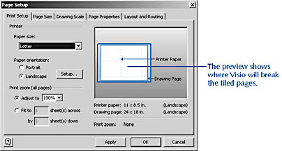 figure 8-6. if the drawing page is too large to fit on a printed page, visio tiles the drawing page along the dotted lines, as shown in the page setup dialog box.