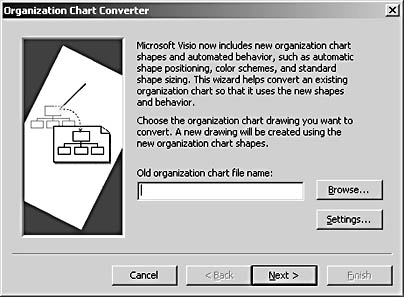 figure 10-4.  you must convert organization charts created in visio 5b or earlier to work with the tools in visio 2002.