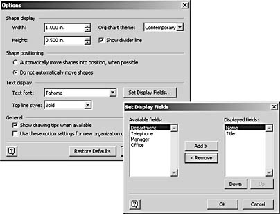figure 10-19.  use the options command on the organization chart menu to specify shape and text settings for your diagram. use the set display fields command to choose the text that appears on shapes.
