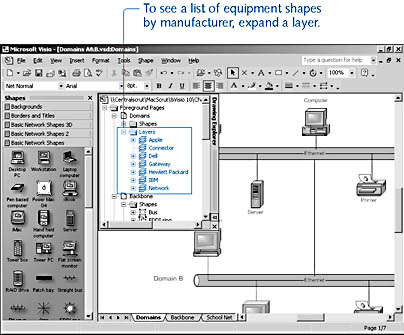 figure 14-8. the drawing explorer window lists all the layers on a page and all the shapes assigned to a particular layer.