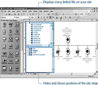 figure 15-1.  you can choose which options you want to see in the site map by selecting them in the filter window. the list window displays all your content in a tree view.