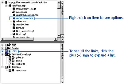 figure 15-3.  the list and filter windows display all the content referenced by the links that visio found when it created the site map.