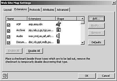 figure 15-8.  in the web site map settings dialog box, the extensions tab lets you choose links to specific file types based on their file extension.