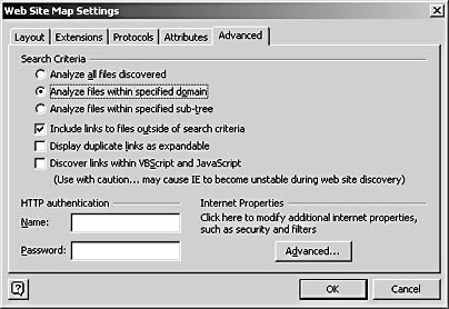 figure 15-12.  on the advanced tab of the web site map settings dialog box, you can specify scope and proxy authentication.