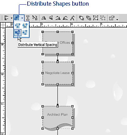 figure 16-29. you can quickly space shapes evenly with the distribute shapes button on the action toolbar or with the command on the shapes menu.