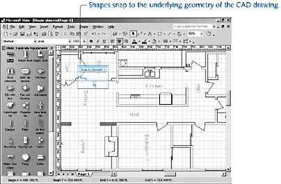 figure 17-1. an inserted cad floor plan provides an accurate backdrop for electrical, hvac, network, or other shapes, which you can drop on top.