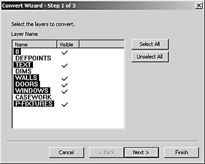 figure 17-13. the convert wizard steps you through the options when converting an imported cad drawing to visio shapes 