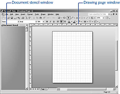 figure 21-1.  a visio file includes a drawing page and a document stencil. the file name extension determines whether visio opens both a drawing page window and a stencil window.