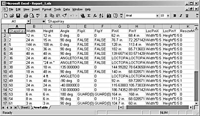 figure 24-3.  when you export shape properties, visio creates a new table in an existing database or a newtable worksheet in an existing excel file, as shown here.