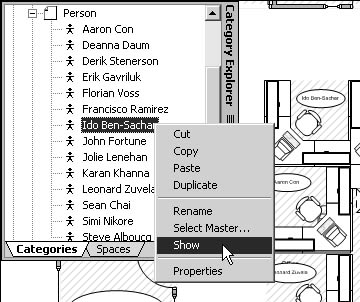 figure 26-3. you can locate people, spaces, and assets listed in the explorer window with the show command on the shortcut menu.