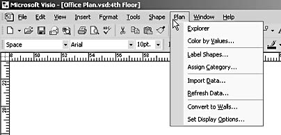 figure 26-6. after you use the enable space plan command, the plan menu includes commands for working with space and assets.