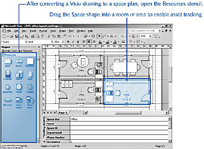figure 26-7. visio tracks information in a floor plan by space, which is actually a separate shape that includes the custom properties used in associating resources with a location.