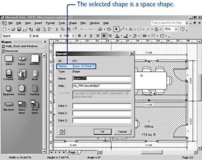 figure 26-9. the special dialog box reveals the name of the master used to create the shape shown in the name box. by default, space shapes in a visio floor plan look like areas with green diagonal lines.