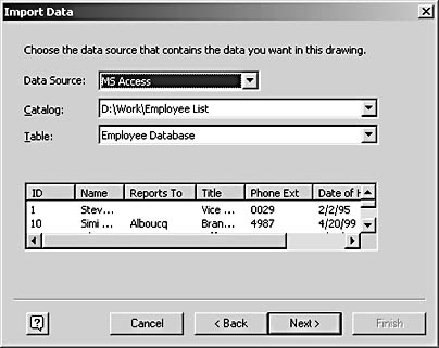 figure 26-14. after you select a data source, you can choose the catalog and table that contain the information you want. this access database doesn't support catalogs, so the wizard displays its file name instead.