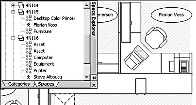 figure 26-23. on the spaces tab of the explorer window, you can see the resources that are associated with a particular space. here, the cubicle named 4n115 is associated with a person, a color printer, and some furniture.