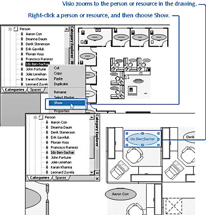 figure 26-27. you can use the explorer window to quickly locate people and other resources in your space plan.