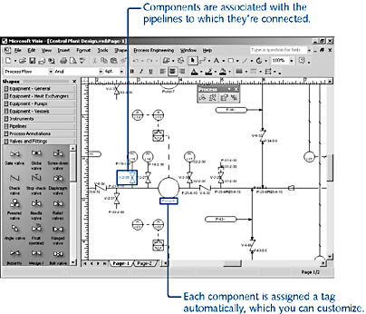 figure 27-13. when you start a new drawing with a process engineering template, the process toolbar and process engineering menu are added to the visio window.