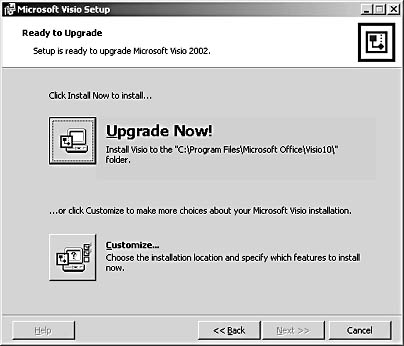 figure a-3.  if you click upgrade now! (or install now!), the setup program starts installing visio. to control what is installed where, click customize.
