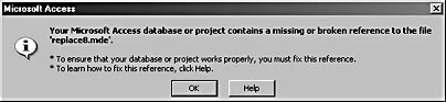 figure 1-4. this error message offers details about a missing reference in a converted database.