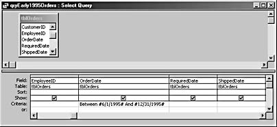 figure 2-8. this query filters by a date range in design view.
