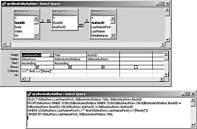 figure 3-16. access creates a sql statement automatically as you design a query in design view.