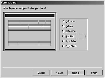 figure 5-8.select the justified option in the form wizard for a justified layout.