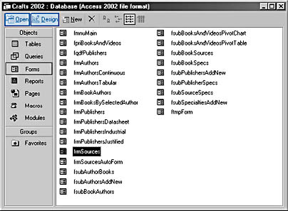 figure 5-28.you can open the selected form in form or design view using database toolbar buttons.