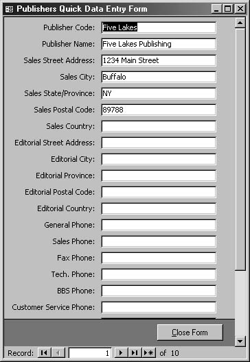 figure 5-34. the publishers quick data entry form includes only selected fields and allows users to enter data quickly.