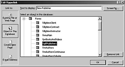 figure 5-63. the edit hyperlink dialog box allows you to open a form by using a hyperlink.